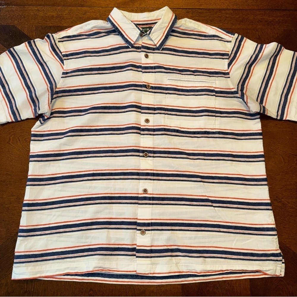 ORVIS White Textured Blue Orange Striped Short Sleeve Button Up Shirt Mens L